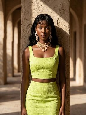 Square-Neck Textured Crop Top in Lime